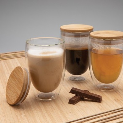Vidrio promocional de borosilicato de doble pared y tapa bambú 350ml